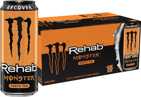Monster Rehab Peach Tea + Energy, Energy Drink, 15.5 Ounce | Energy Iced Tea, Pack of 15
