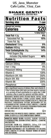 Java Monster Café Latte, Coffee + Energy Drink, 15 Ounce | Pack of 12